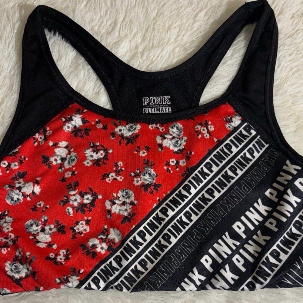 PINK Victoria's Secret Black Racerback Sports Bra with Red Floral Lining